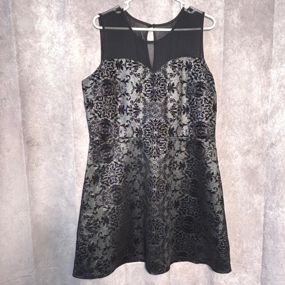 NWT Maurices Damask Mesh Yoke Dress Womens Size XXL Black Silver Gothic Metallic